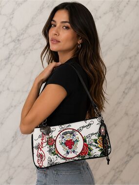 Ed Hardy Love Kills Slowly White Tattoo Shoulder Bag Y2K Baguette Purse 11X5in